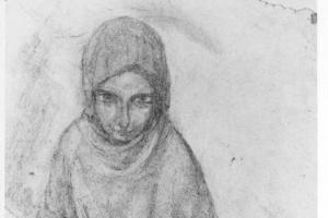 Vrouw [verso: aanzet van drie tekeningen voor een moeder en kind]