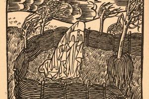 Lezende vrouw in een besloten tuin. Houtsnede bij het gedicht Le Vent in Les Villages illusoires - 1895