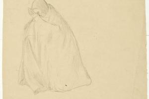 Studie van een geknielde, biddende vrouw (recto: Schetsblad met studies voor Het doopsel van Christus)