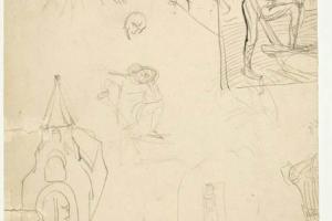 Studies van een ploegende boer en een dorpskerk (recto: Schetsblad met figuurstudies)