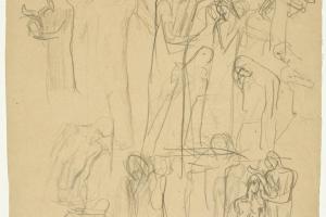 Schetsblad met studies voor Het doopsel van Christus (verso: Studie van een geknielde, biddende vrouw)