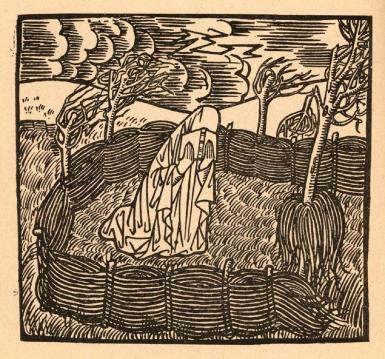 Lezende vrouw in een besloten tuin. Houtsnede bij het gedicht Le Vent in Les Villages illusoires - 1895