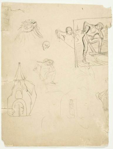 Studies van een ploegende boer en een dorpskerk (recto: Schetsblad met figuurstudies)